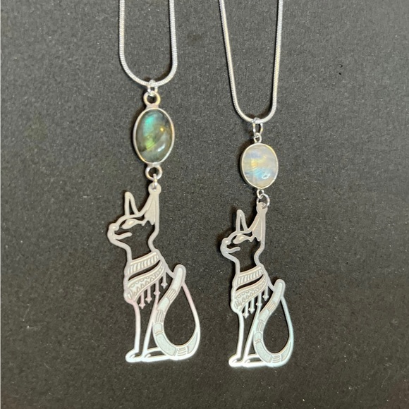 Moonstone bastet necklace, labradorite Egyptian bast necklace, silver bast - Picture 1 of 5
